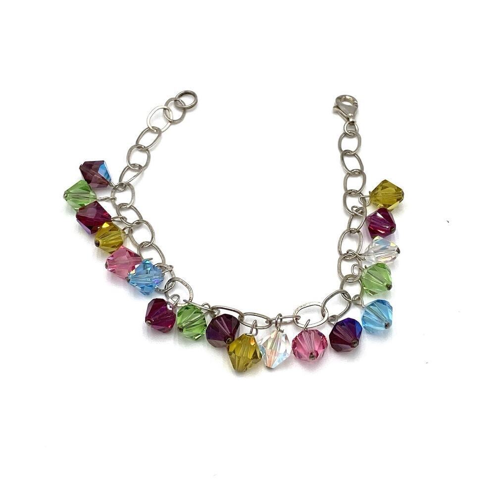 925 Sterling Silver Bracelet 6.5” Colorful Crystals Artisan